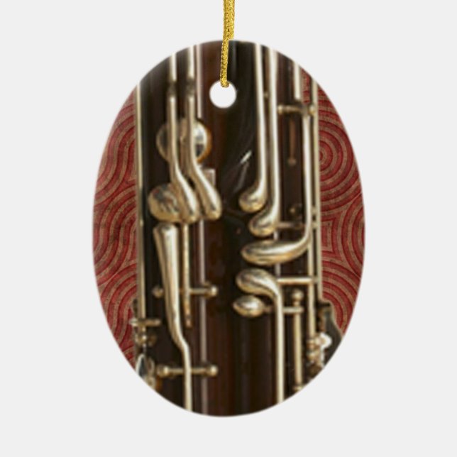 Bassoon Keys on Dark Red Ceramic Tree Decoration (Front)