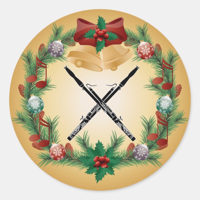 Bassoon Music Christmas Wreath Gift Classic Round Sticker (Front)
