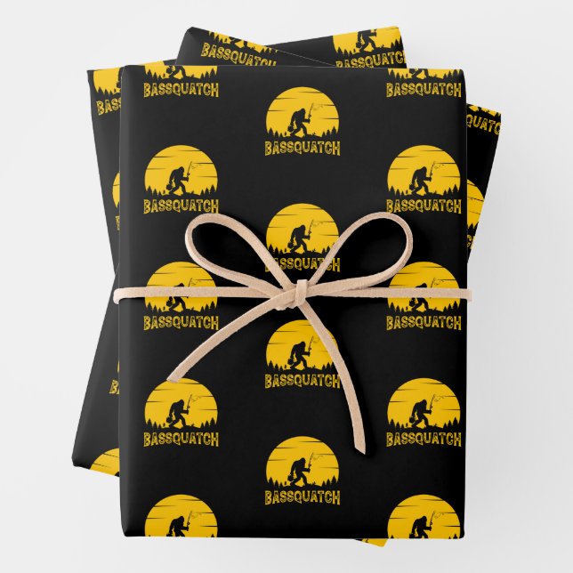 Bassquatch Bigfoot Sasquatch Fullmoon Rod Fishing  Wrapping Paper Sheet (In situ)