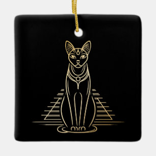 Bastet, Egyptian Cat Goddess in front of a pyramid Ceramic Ornament