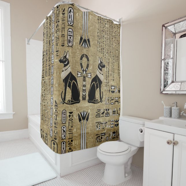 Bastet - Egyptian Cats And Ankh Cross Shower Curtain (In Situ)