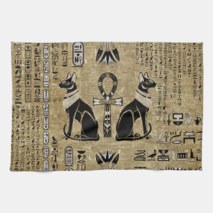 Bastet - Egyptian Cats And Ankh Cross Tea Towel
