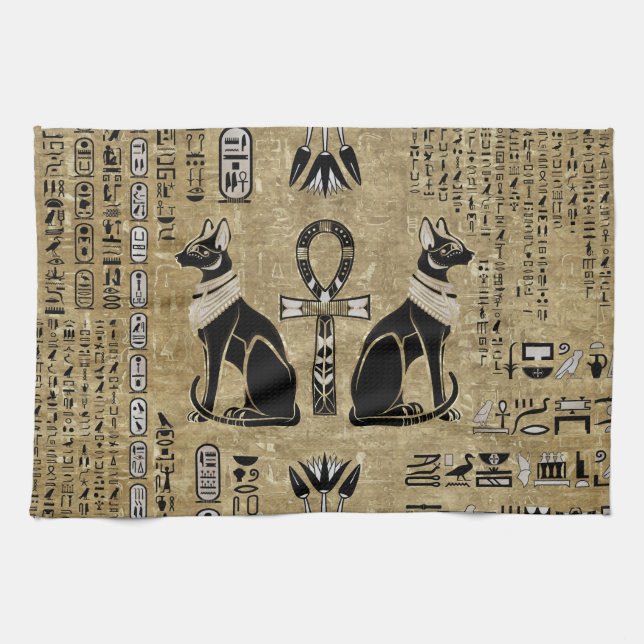 Bastet - Egyptian Cats And Ankh Cross Tea Towel (Horizontal)