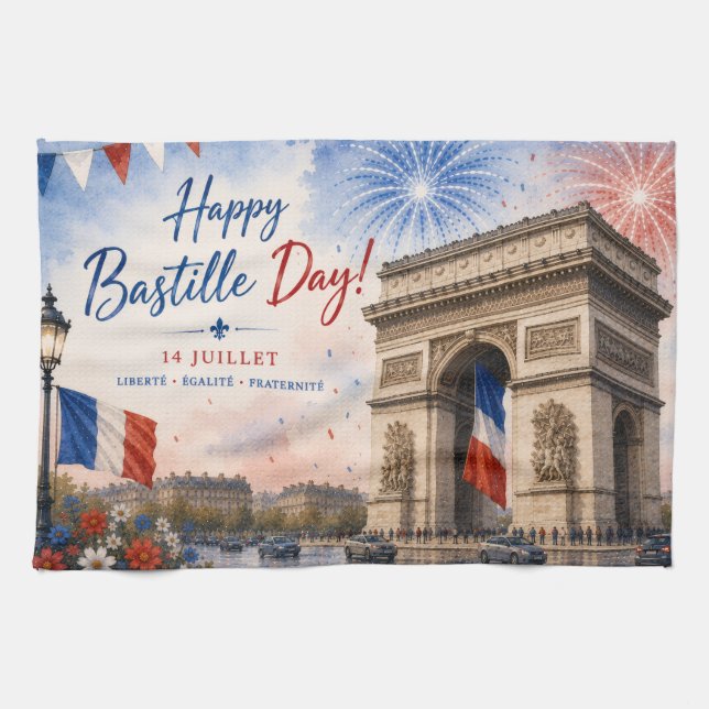 Bastille day Arc de triomphe Paris France firework Tea Towel (Horizontal)