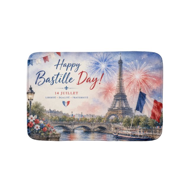 Bastille Day Eiffel Tower River Seine fireworks Bath Mat (Front)
