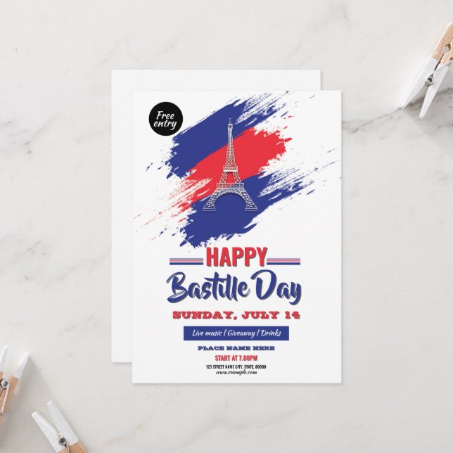 Bastille Day Party Invitation Flyer Template (Front/Back In Situ)