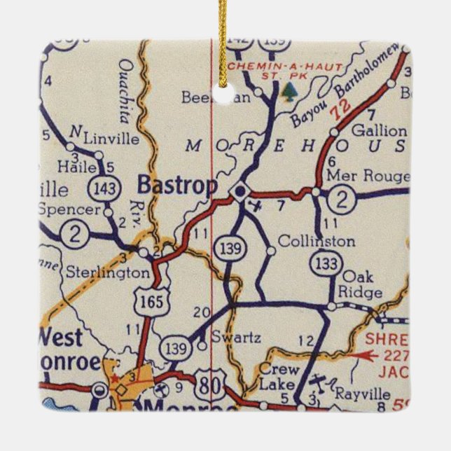 Bastrop LA Vintage Map Ceramic Ornament (Back)
