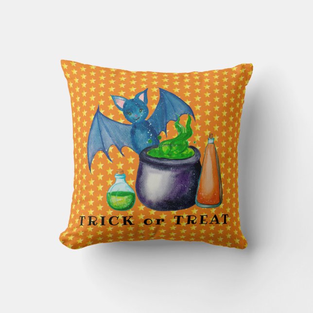 Bat And Bubbling Cauldron Throw Pillow (Front)