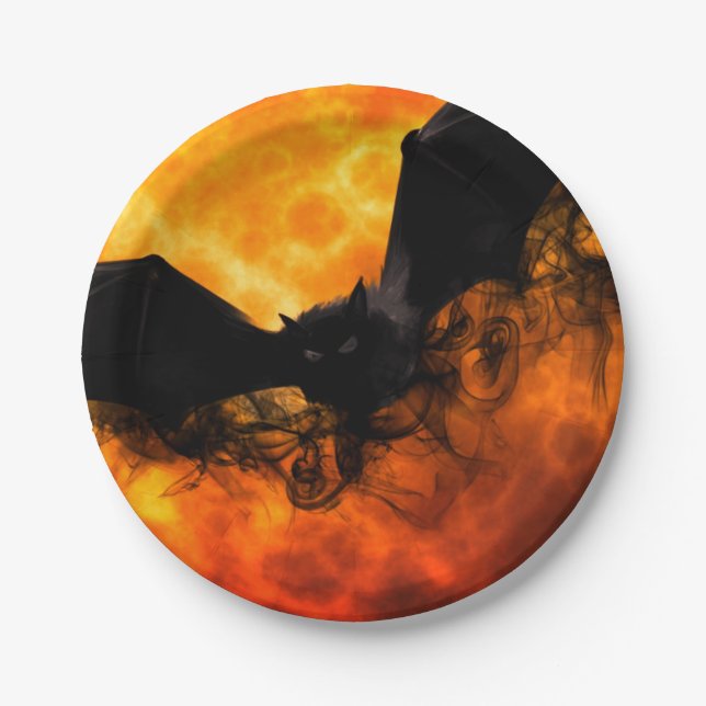 Bat and harvest moon fall black orange elegant  paper plate (Front)