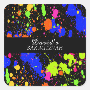 Bat/Bar Mitzvahs Neon Paint Splatter Square Sticker