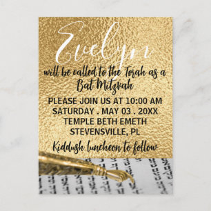 Bat/Bat Mitzvah Elegant Gold Postcard Invitation
