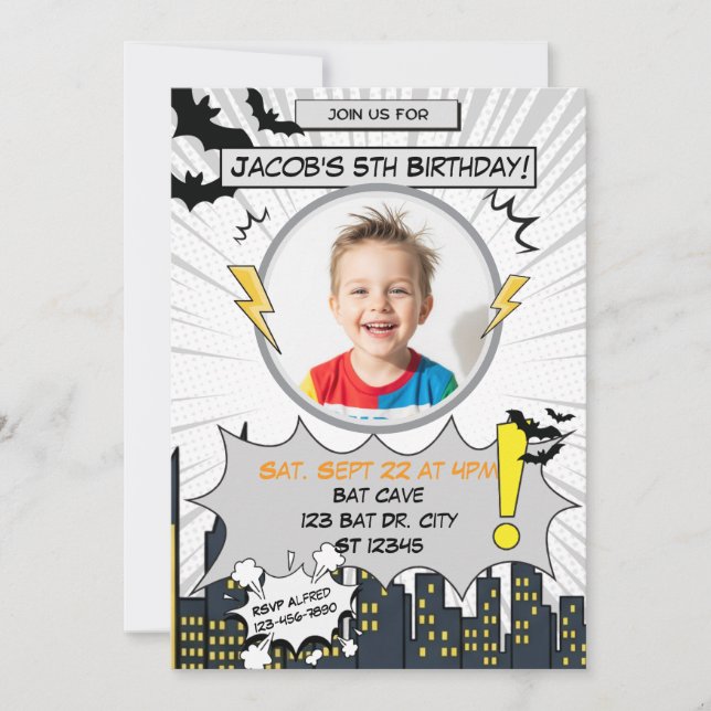 Bat Black and Grey Comic Birthday Invitation (Front)