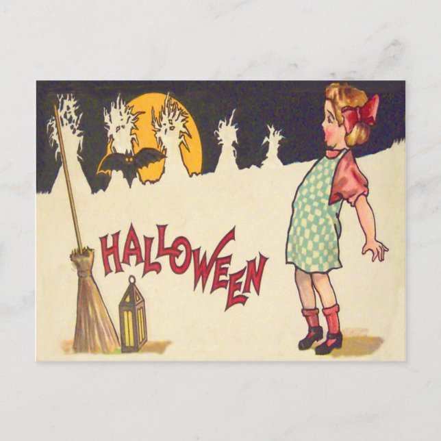 Bat Broom Lantern Moon Cornstalk Girl Postcard (Front)