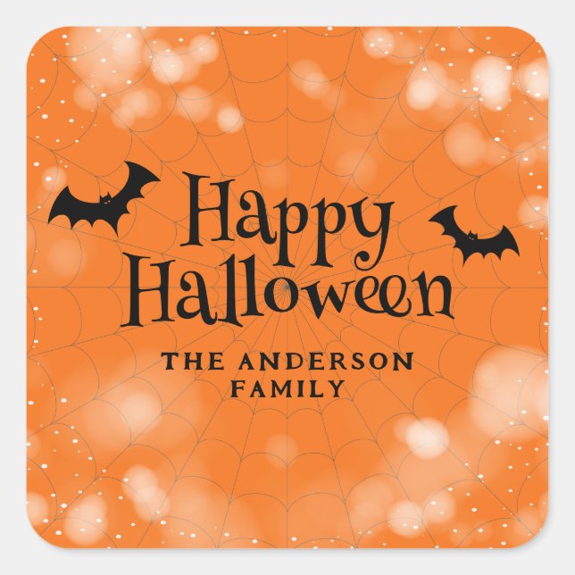 Bat Cobweb Happy Halloween Square Sticker (Front)