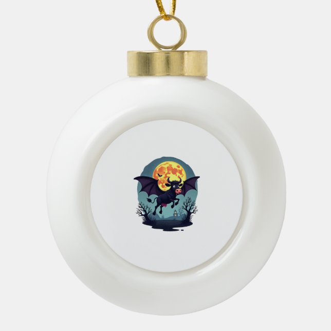 Bat Cow at Midnight Ceramic Ball Christmas Ornament (Front)