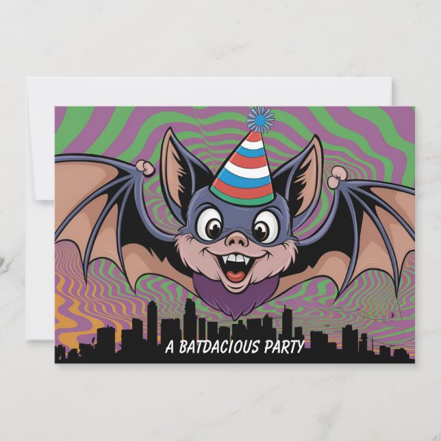Bat flying above psychedelic city invitation (Front)