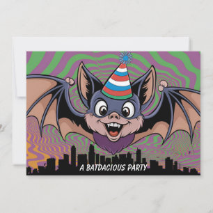 Bat flying above psychedelic city invitation