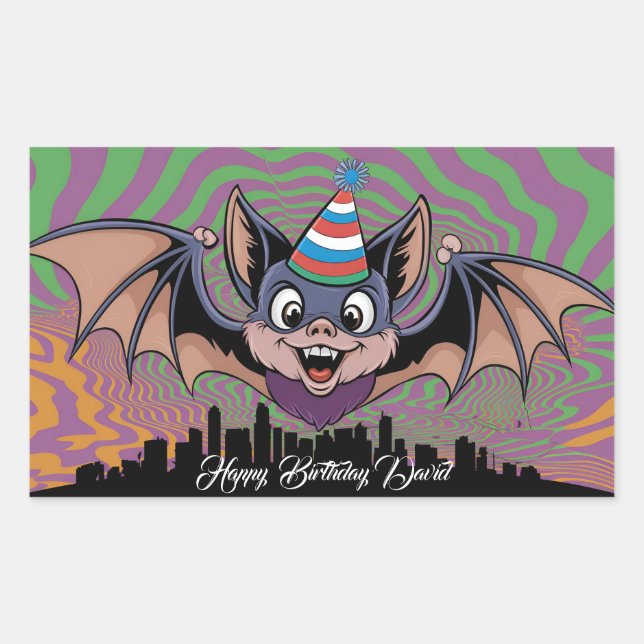 Bat flying above psychedelic city rectangular sticker (Front)