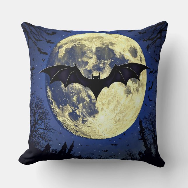 Bat Flying Over Moonlit Sky Cushion (Front)