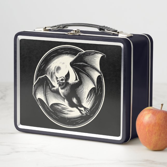 Bat Flying with Moon Behind Goth Horror Metal Lunch Box (In Situ)