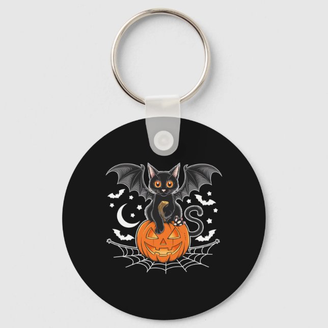 Bat Halloween _ Black Cat Bat Wings Spooky Cat Key Ring (Front)