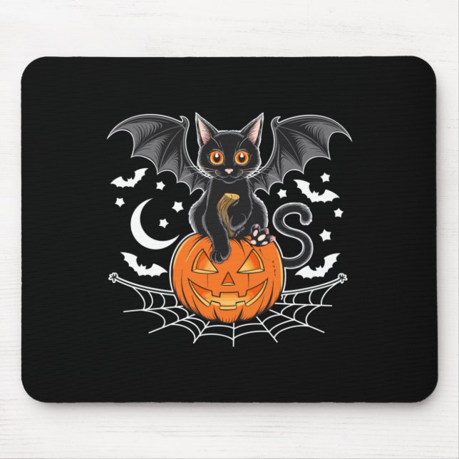 Bat Halloween _ Black Cat Bat Wings Spooky Cat Mouse Mat (Front)