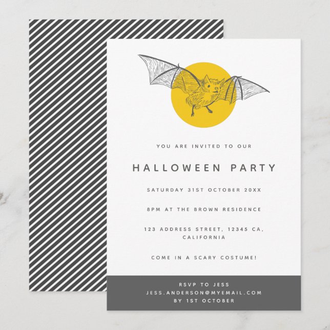 Bat Halloween Party | Cute Modern Fun Yellow Moon Invitation (Front/Back)