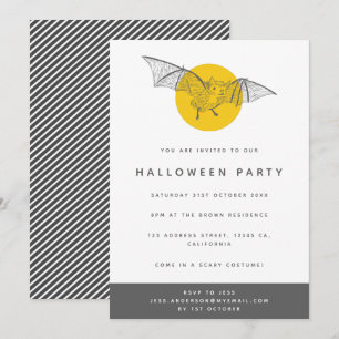 Bat Halloween Party   Cute Modern Fun Yellow Moon Invitation