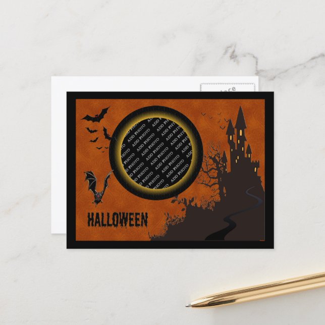 Bat, Haunted House Photo Frame and Orange Sky Postcard (Front/Back In Situ)