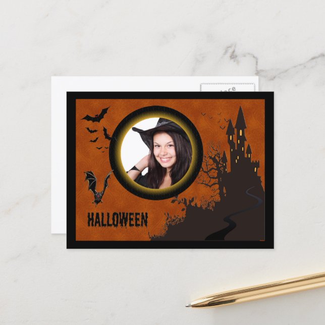Bat, Haunted House Photo Frame and Orange Sky Postcard (Front/Back In Situ)