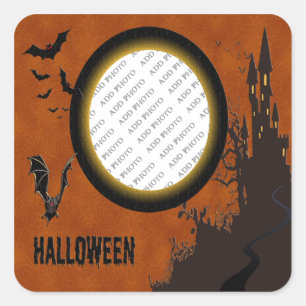 Bat, Haunted House Photo Frame and Orange Sky Square Sticker