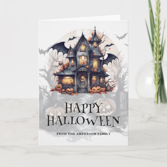 Bat Haunted House Spooky Pumpkins Photo Halloween Card (Front)