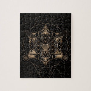 Bat in Sacred Geometry - Black and Gold Jigsaw Puzzle