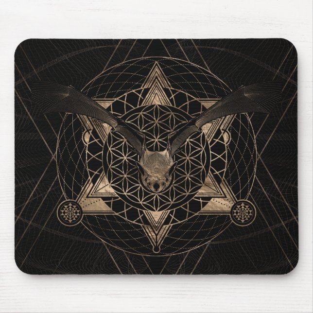 Bat in Sacred Geometry - Black and Gold Mouse Mat (Front)