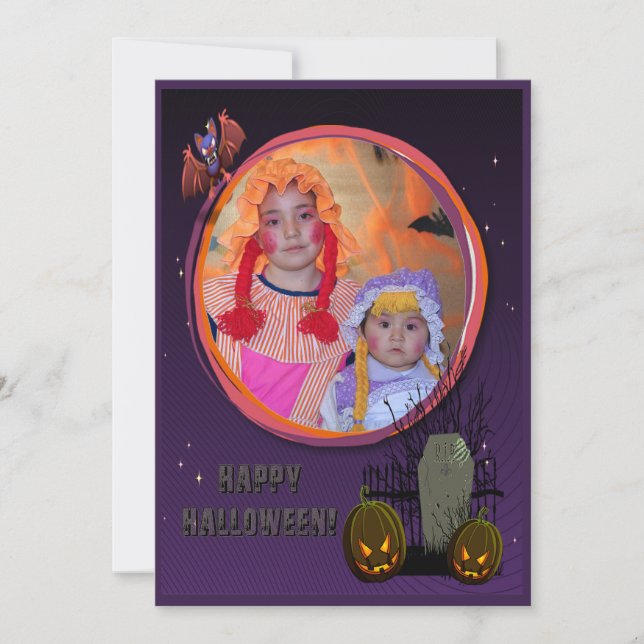Bat, Jack o' Lanterns, Tombstone, Add Photo Frame Invitation (Front)