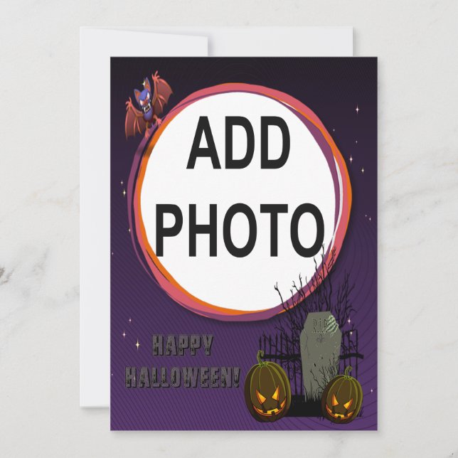 Bat, Jack o' Lanterns, Tombstone, Add Photo Frame Invitation (Front)