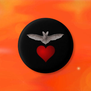 Bat love Grey Bat with Red Heart on Black 3 Cm Round Badge