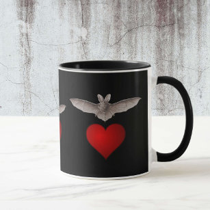 Bat love Grey Bat with Red Heart on Black Mug