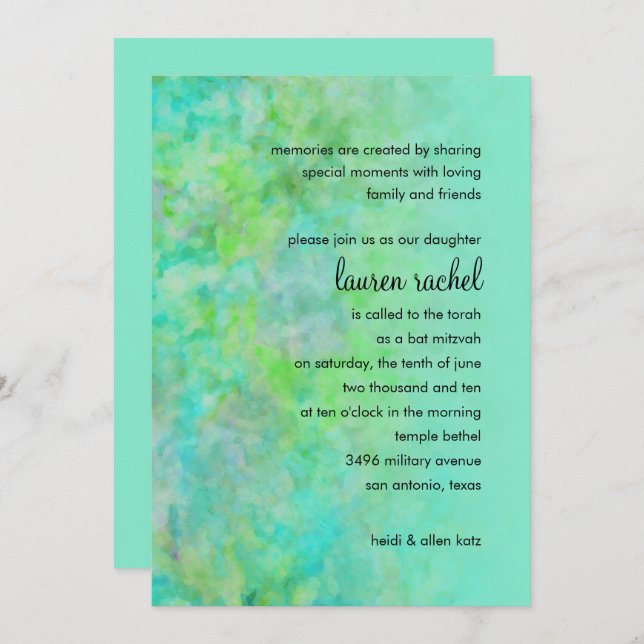 Bat Mitzvah Abstract Design in Aqua Invitation (Front/Back)