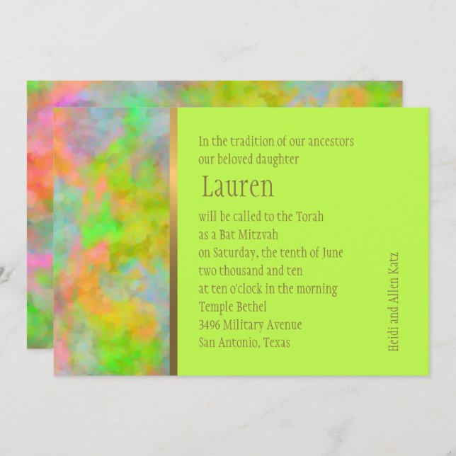 Bat Mitzvah Abstract Design in Lime Green Invitation (Front/Back)