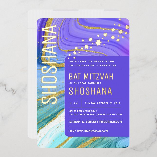 BaT Mitzvah Agate Marble REAL GOLD Foil Invitation (Envelope)