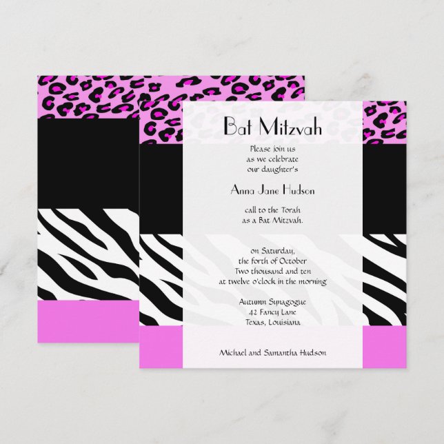 Bat Mitzvah - Animal Print, Zebra, Leopard - Pink Invitation (Front/Back)