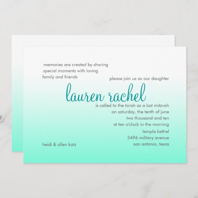 Bat Mitzvah Any Colour and Aqua Ombre Gradient Invitation (Front/Back)