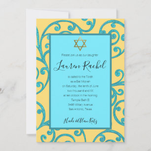Bat Mitzvah Any Colour Aqua Scroll Design Invitation
