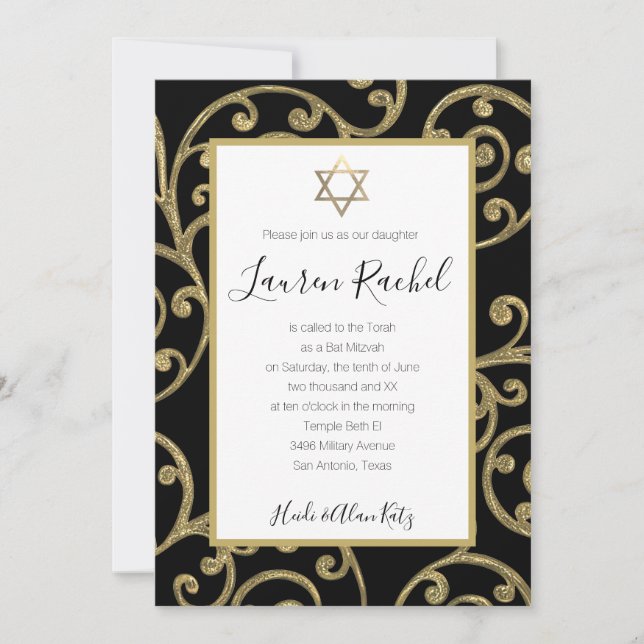Bat Mitzvah Any Colour Gold Scroll Design Invitation (Front)