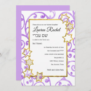 Bat Mitzvah Any Colour White Centre Gold Stars Invitation