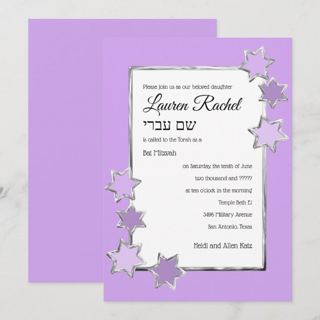 Bat Mitzvah Any Colour White Centre Silver Stars Invitation (Front/Back)