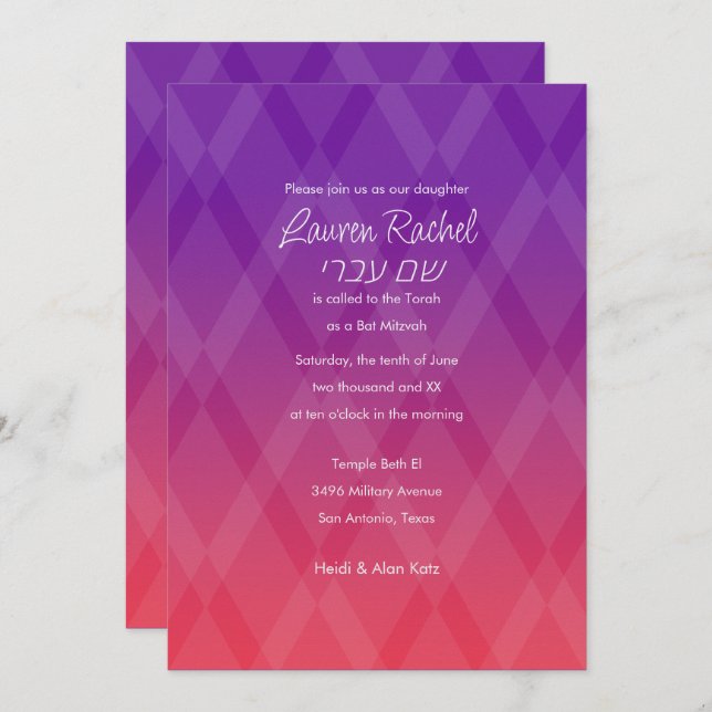 Bat Mitzvah Any Colour with Red Diamond Pattern In Invitation (Front/Back)