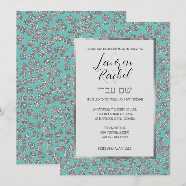 Bat Mitzvah Any Colour with Silver Glitter Dots Invitation (Front/Back)