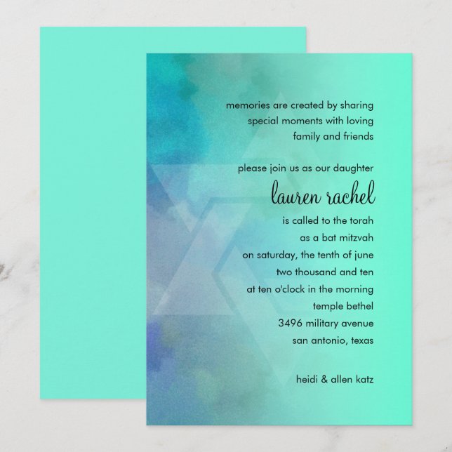 Bat Mitzvah Aqua and Blue Star of David Invitation (Front/Back)